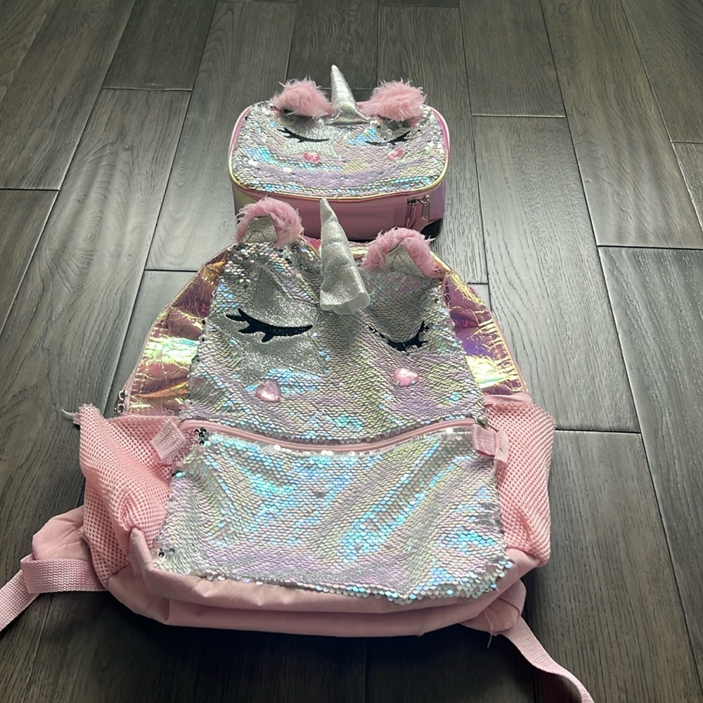 Iridescent sequenced unicorn school backpack with matching lunchbox